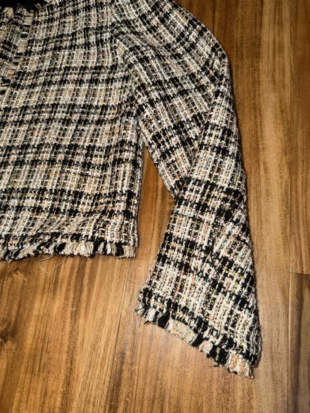 Calvin Klein women 12 large blazer jacket Black White Cream Plaid Tweed Cropped